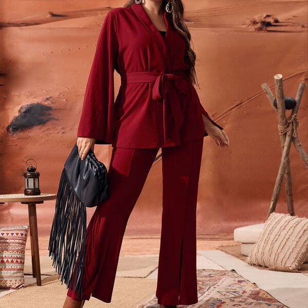 

Plus Trumpet Sleeve Shawl Collar Belted Blazer & Flare Leg Pants, Burgundy