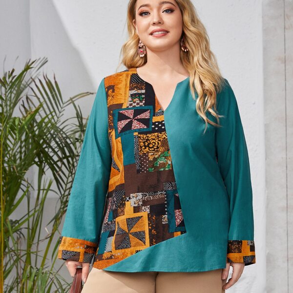

Plus Geo And Floral Print Blouse, Multicolor