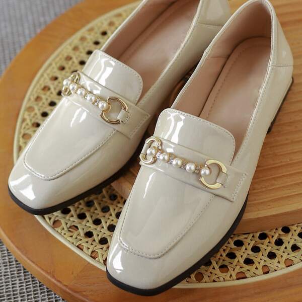 

Faux Pearl Decor Chunky Heeled Loafers, Beige