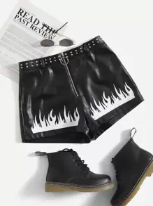 SHEIN Fire Print Studded Detail Zip Front PU Leather Shorts - Black - View 1