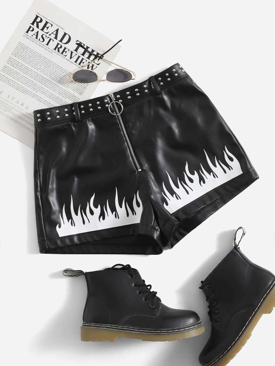 SHEIN Fire Print Studded Detail Zip Front PU Leather Shorts - Black - View 1