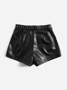 SHEIN Fire Print Studded Detail Zip Front PU Leather Shorts - Black - View 2