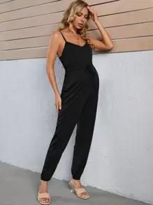 SHEIN Maternidad Jumpsuit de tirantes de cintura con nudo - Negro - Ver 3