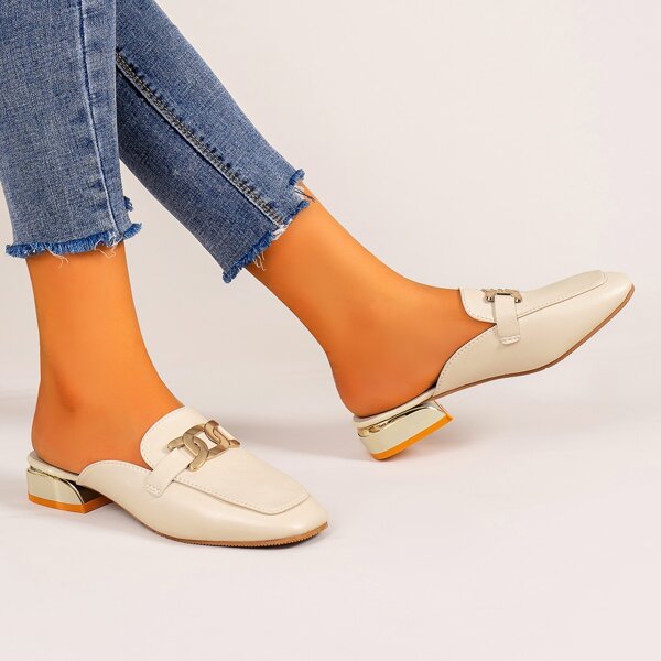 

Chain Decor Loafer Mules, Beige