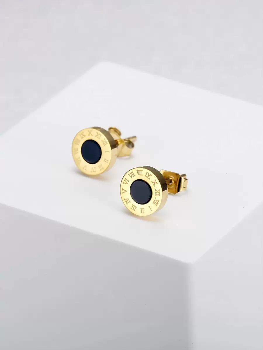 MONALLY Roman Numeral Detail Round Stud Earrings - Yellow Gold - View 1