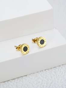 MONALLY Roman Numeral Detail Round Stud Earrings - Yellow Gold - View 2