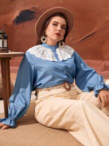 Mulvari Blusa con bordado con ojal ribete con fruncido de manga con volante - Neblina azul - Ver 3