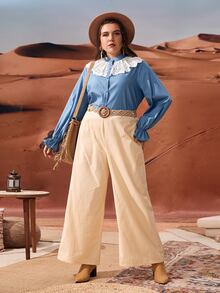 Mulvari Blusa con bordado con ojal ribete con fruncido de manga con volante - Neblina azul - Ver 5