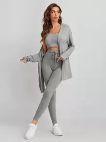 SHEIN Essnce Waffle Knit Tank Top And Leggings Set With Coat - Light Grey - View 1