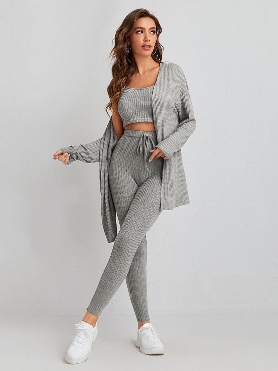 SHEIN Essnce Waffle Knit Tank Top And Leggings Set With Coat - Light Grey - View 1