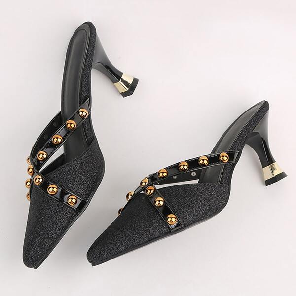 

Studded Decor Mid Heeled Mules, Black