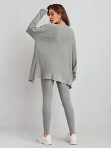 SHEIN Essnce Waffle Knit Tank Top And Leggings Set With Coat - Light Grey - View 2