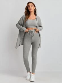 SHEIN Essnce Waffle Knit Tank Top And Leggings Set With Coat - Light Grey - View 3