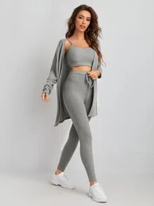 SHEIN Essnce Waffle Knit Tank Top And Leggings Set With Coat - Light Grey - View 4
