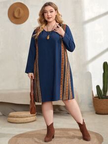 Plus Striped & Geo Print Tunic Dress - Blue - View 1