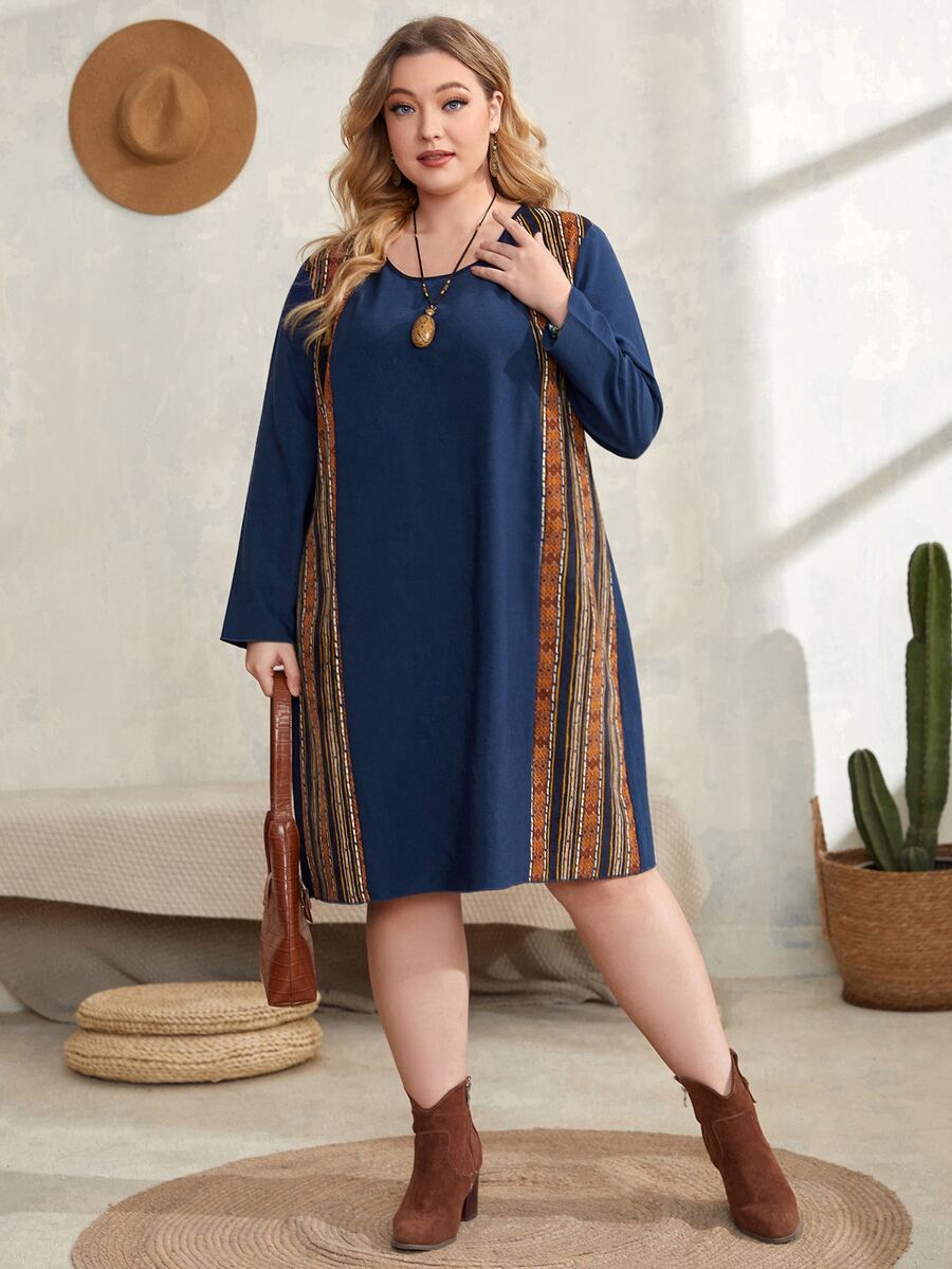 Plus Striped & Geo Print Tunic Dress - Blue - View 1