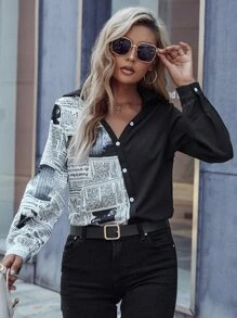 Newspaper Print Colour Block Flap Detail Shirt - Black and White - View 1