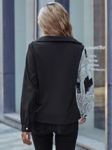 Newspaper Print Colour Block Flap Detail Shirt - Black and White - View 2
