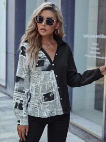 Newspaper Print Colour Block Flap Detail Shirt - Black and White - View 4