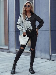 Newspaper Print Colour Block Flap Detail Shirt - Black and White - View 5