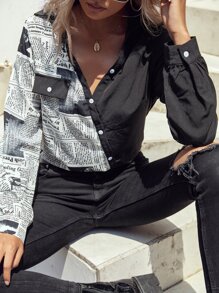 Newspaper Print Colour Block Flap Detail Shirt - Black and White - View 6