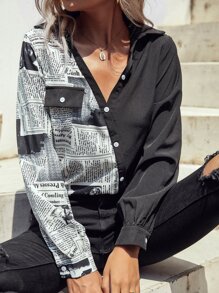 Newspaper Print Colour Block Flap Detail Shirt - Black and White - View 7