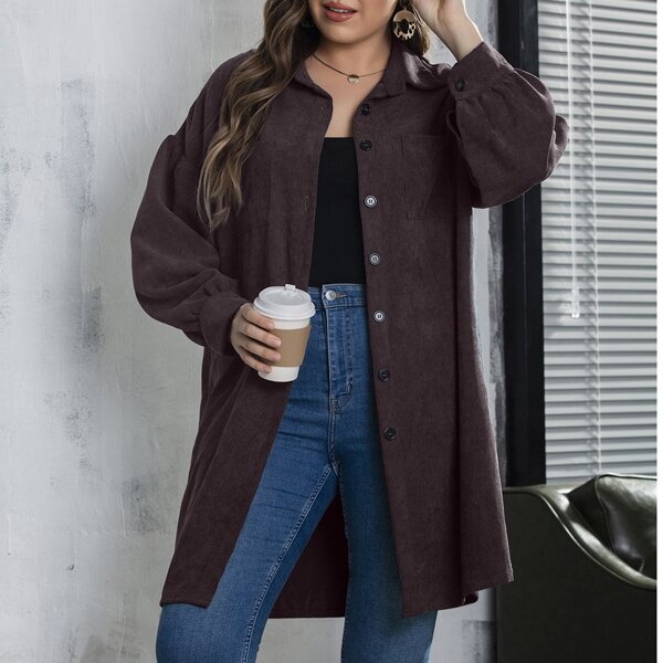 

Plus Pocket Patched Belted Drop Shoulder Corduroy Coat, Chocolate brown