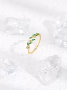 Anillo abierto zirconia cúbica con diseño de hoja - Verde - Ver 12