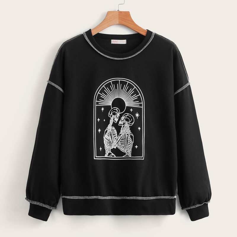 

Stitching Trim Skull Graphic Drop Shoulder Sweatshirt, Black