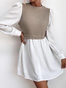 Vestido 2 en 1 de color combinado de manga farol - Multicolor - Ver 1