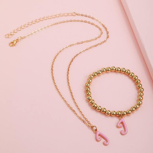 

Girls Letter Charm Necklace & Bracelet, Pink