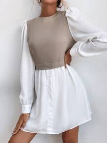 Vestido 2 en 1 de color combinado de manga farol - Multicolor - Ver 5