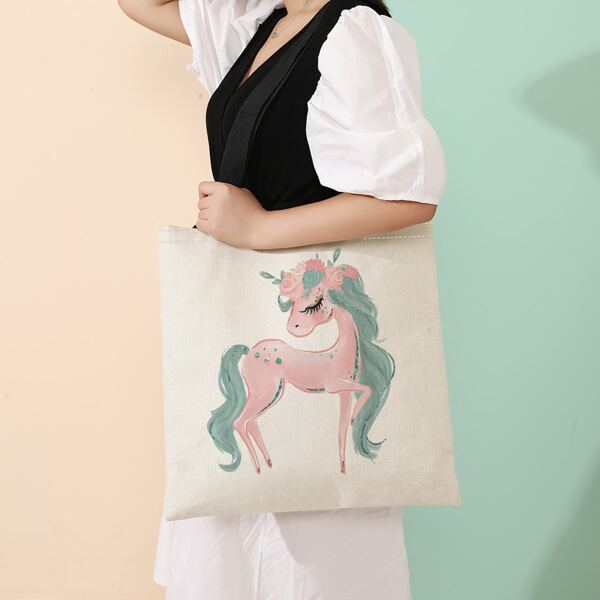 

Cartoon Horse Graphic Linen Shopper Bag, Multicolor