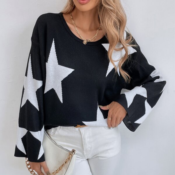 

Star Pattern Drop Shoulder Sweater, Black