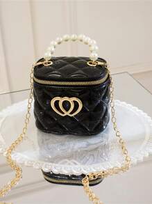 1pc Dopamine-Themed Double Heart Decor Minimalist Korean Style Women Mini Bucket Bag, PVC Material With Zipper Closure, Jelly Bag - Black - View 1