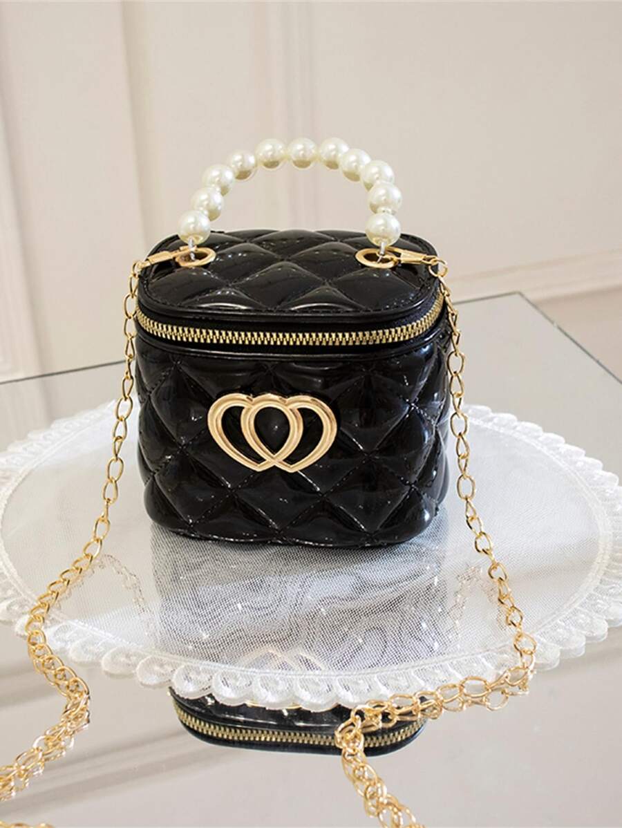 1pc Dopamine-Themed Double Heart Decor Minimalist Korean Style Women Mini Bucket Bag, PVC Material With Zipper Closure, Jelly Bag - Black - View 1