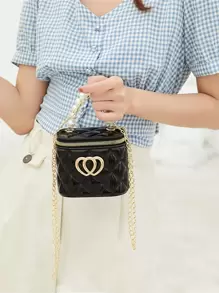 1pc Dopamine-Themed Double Heart Decor Minimalist Korean Style Women Mini Bucket Bag, PVC Material With Zipper Closure, Jelly Bag - Black - View 3