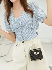 1pc Dopamine-Themed Double Heart Decor Minimalist Korean Style Women Mini Bucket Bag, PVC Material With Zipper Closure, Jelly Bag - Black - View 5