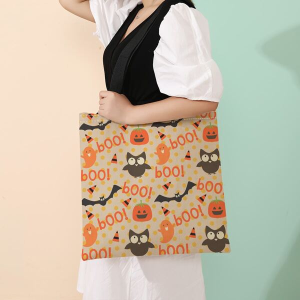 

Halloween Cartoon Bat & Pumpkin Graphic Shopper Bag, Multicolor