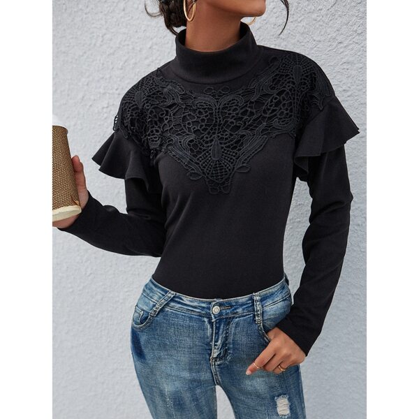 

Solid Contrast Lace High Neck Tee, Black