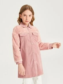 SHEIN 小女童翻蓋口袋落肩袖燈芯絨大衣