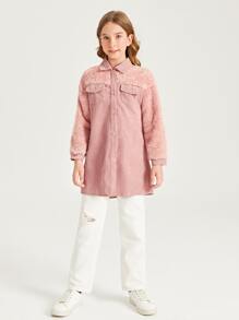 SHEIN 小女童翻蓋口袋落肩袖燈芯絨大衣