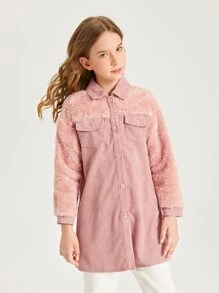 SHEIN 小女童翻蓋口袋落肩袖燈芯絨大衣