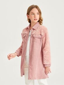 SHEIN 小女童翻蓋口袋落肩袖燈芯絨大衣