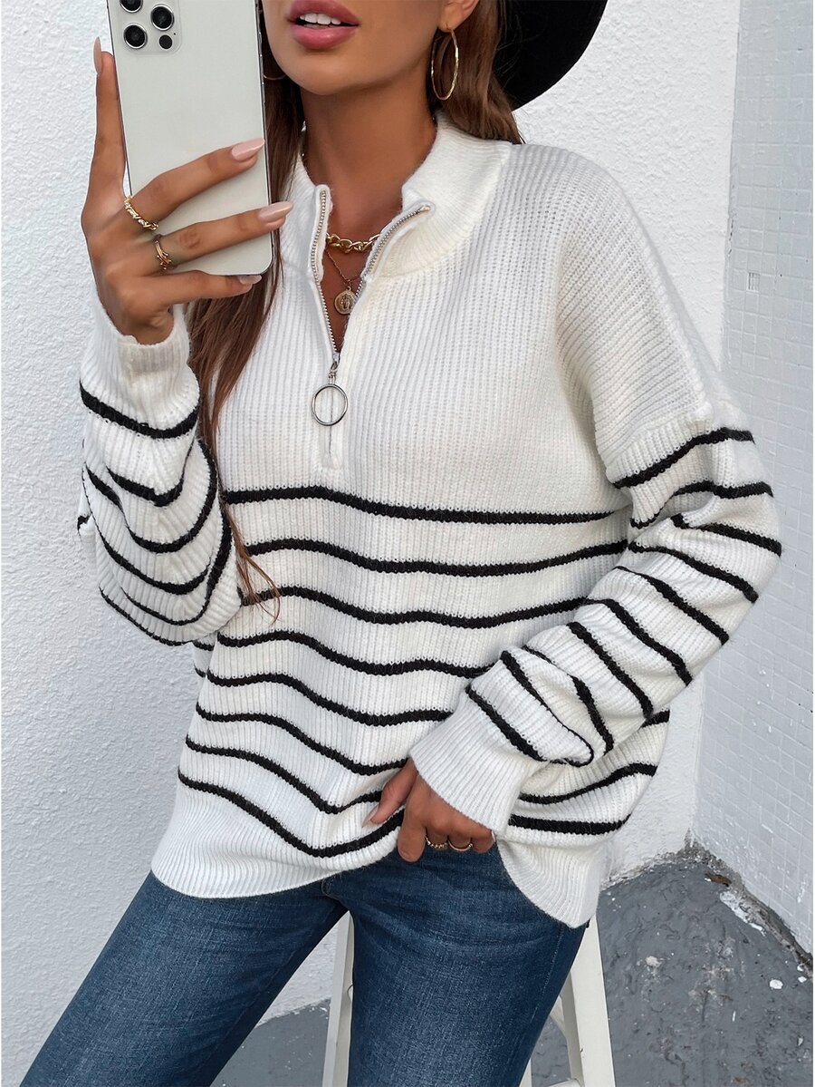 條紋圖案半拉鏈落肩袖套頭毛衣 - 白色 - 查看 1