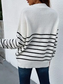 條紋圖案半拉鏈落肩袖套頭毛衣 - 白色 - 查看 2