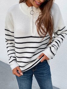 條紋圖案半拉鏈落肩袖套頭毛衣 - 白色 - 查看 3