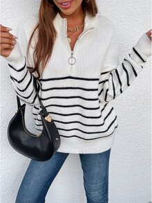 條紋圖案半拉鏈落肩袖套頭毛衣 - 白色 - 查看 6