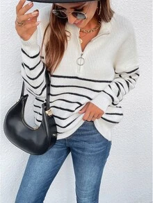 條紋圖案半拉鏈落肩袖套頭毛衣 - 白色 - 查看 7