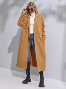Drop Shoulder Double Breasted Overcoat - Camel - View 1